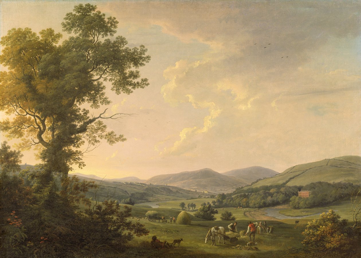 Landskab med hømagere og en fjern udsigt over et georgisk hus, ca. 1780 (olie på lærred) af William Ashford