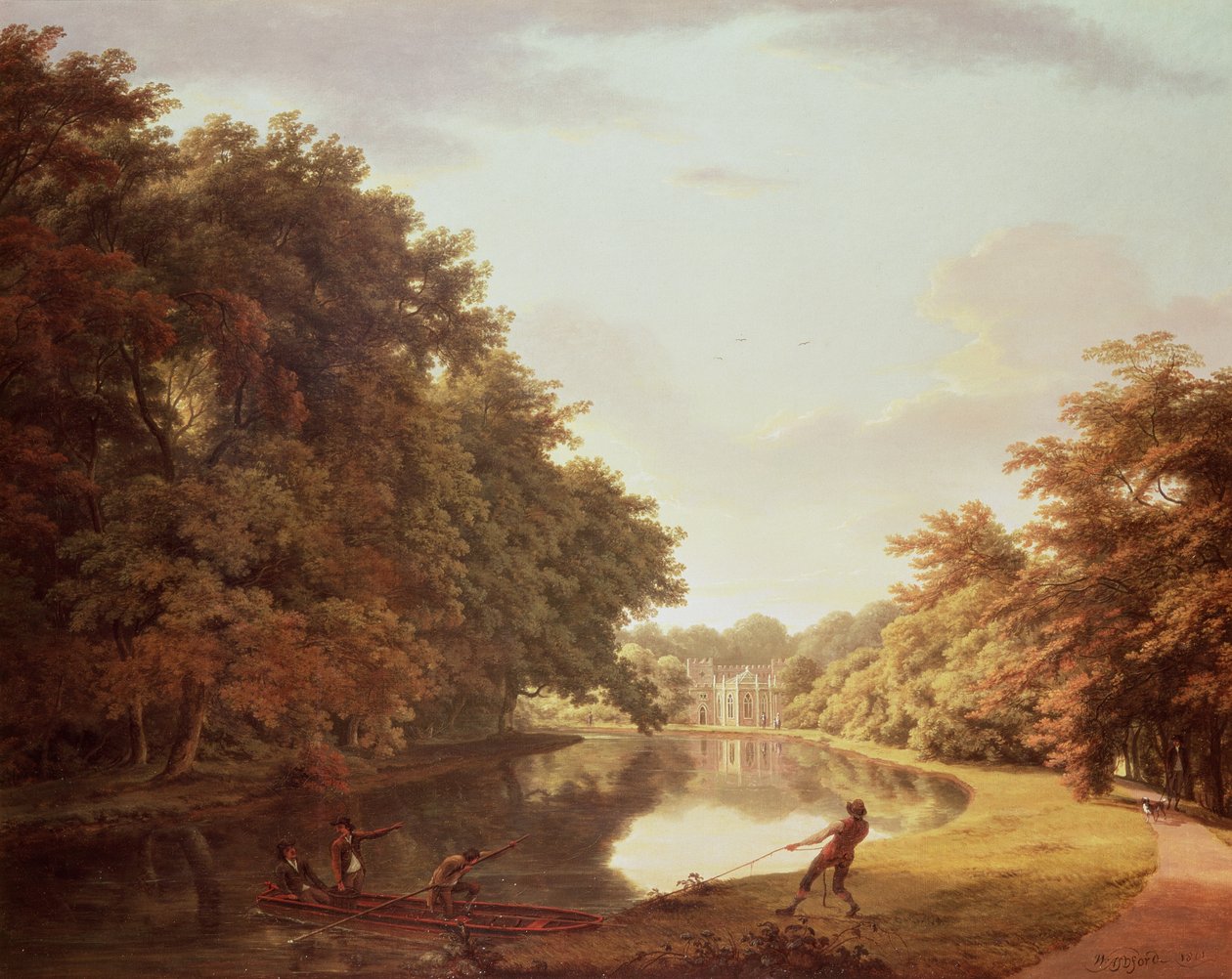 Punt ved floden Clodiagh ved Charleville Forest, Offaly med Castellated Farm og Gothick Dairy bagved, ca. 1810 af William Ashford