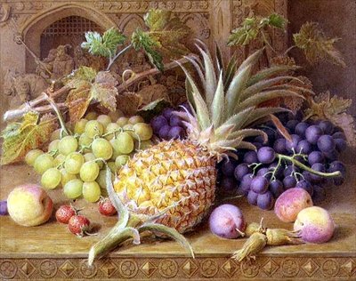 Et stilleben af en ananas, druer, ferskner, jordbær og hasselnødder på en kommode af William B. Hough