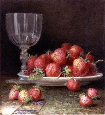 Jordbær og et glas (akvarel) af William B. Hough