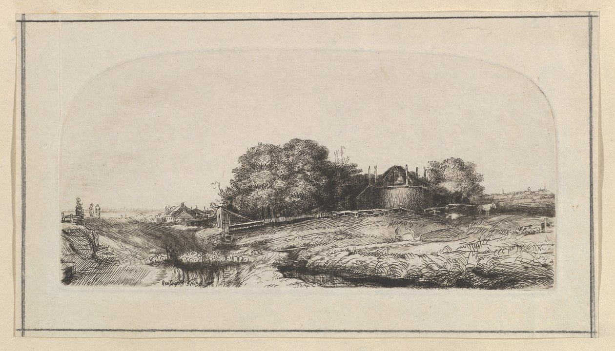Landskab med en hølade og en fåreflok kopi, 1750-1810. af William Baillie