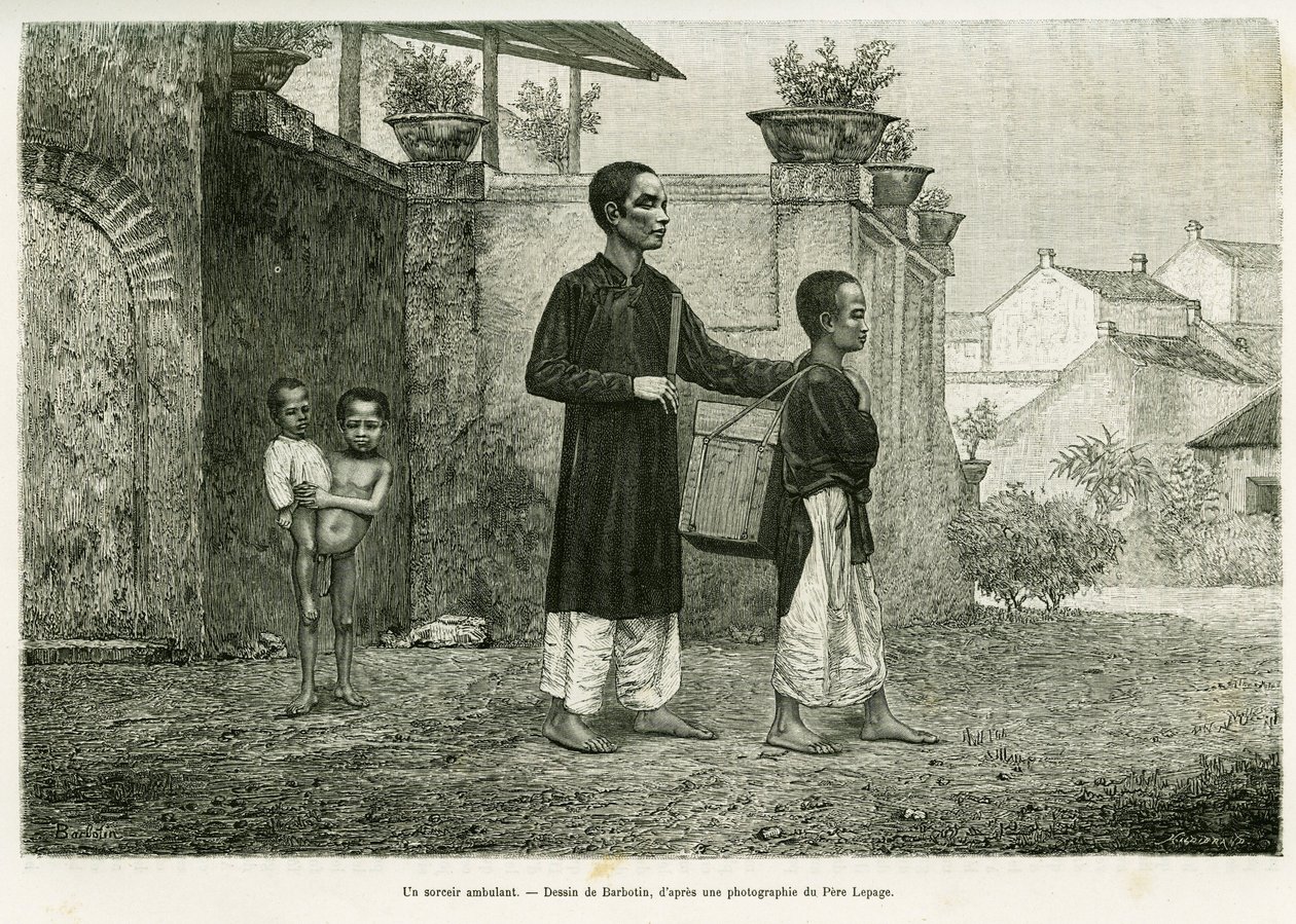 En omvandrende troldmand, en blind massør. Gravering af Barbotin til illustration af historien Trente mois au Tonkin, i 1884, af doktor Paul Hocquard, i le tour du monde 1890, under ledelse af Edouard Charton (1807-1890), Hachette, Paris. af William Barbotin