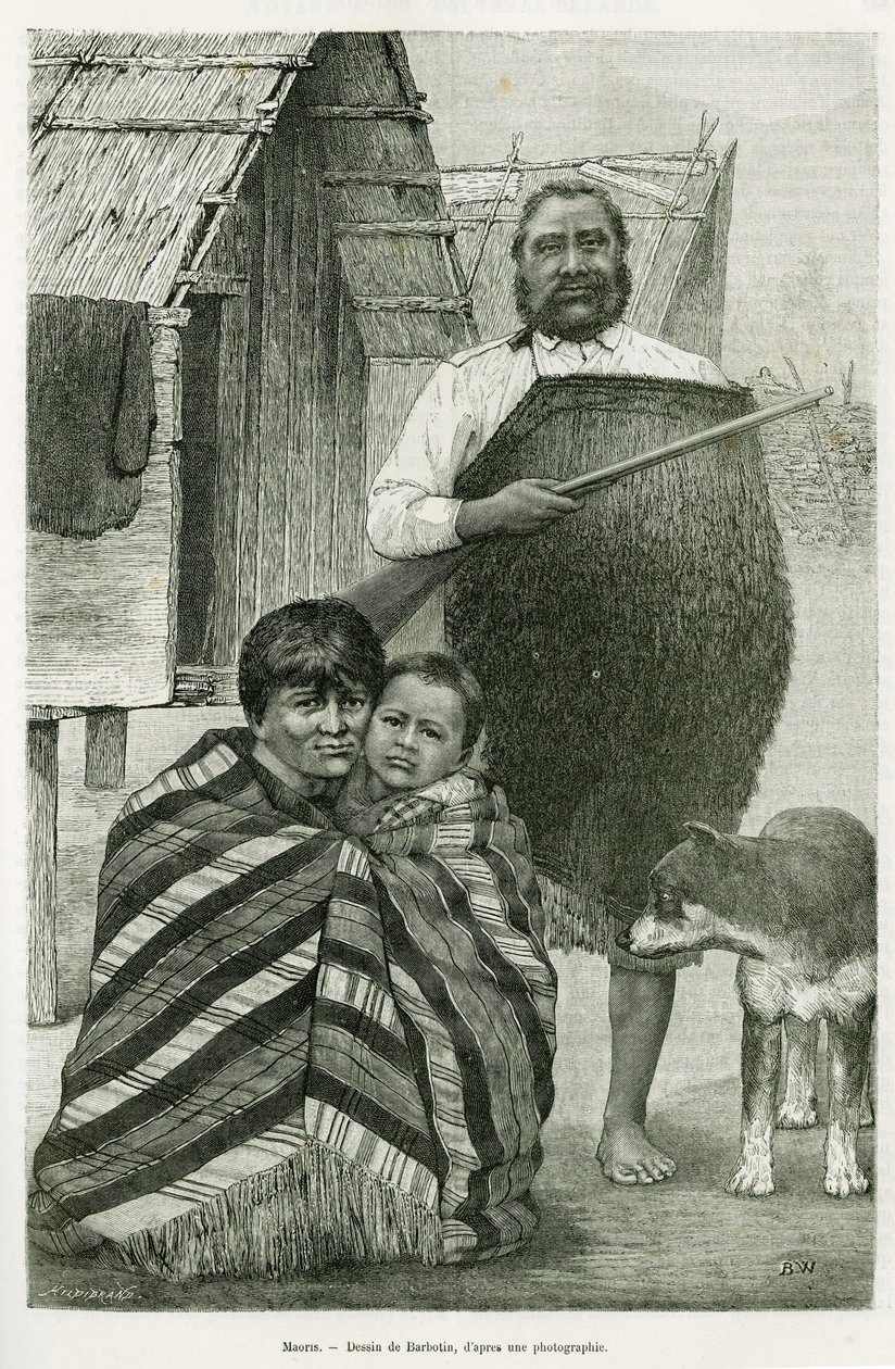 Tre generationer af maorier. Gravering af Barbotin til illustration af historien Voyage a la Nouvelle Zelande, 1889, af G. Verschuur, i le tour du monde 1890, instrueret af Edouard Charton (1807-1890), Hachette, Paris. af William Barbotin