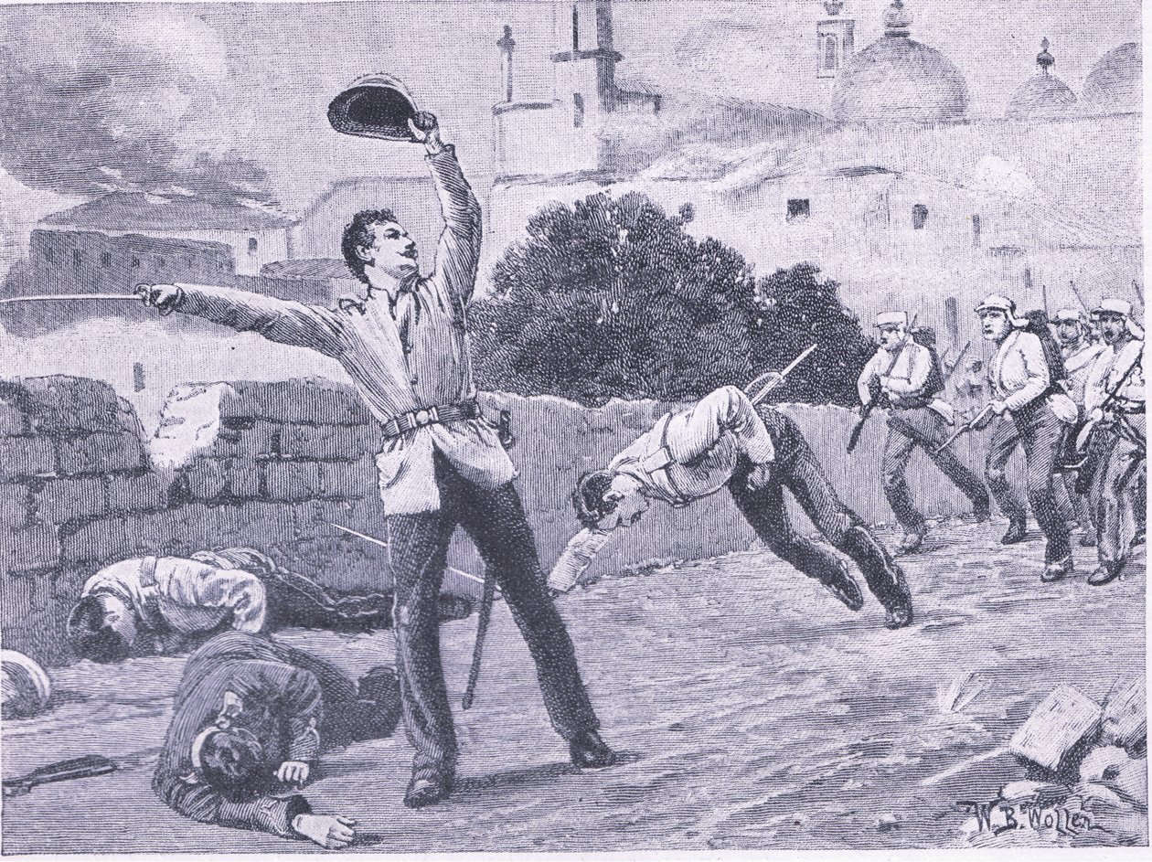 Carrying the Charbagu Bridge, Lucknow 25. september 1857, illustration fra British Battles on Land and Sea, 1915 af William Barnes Wollen