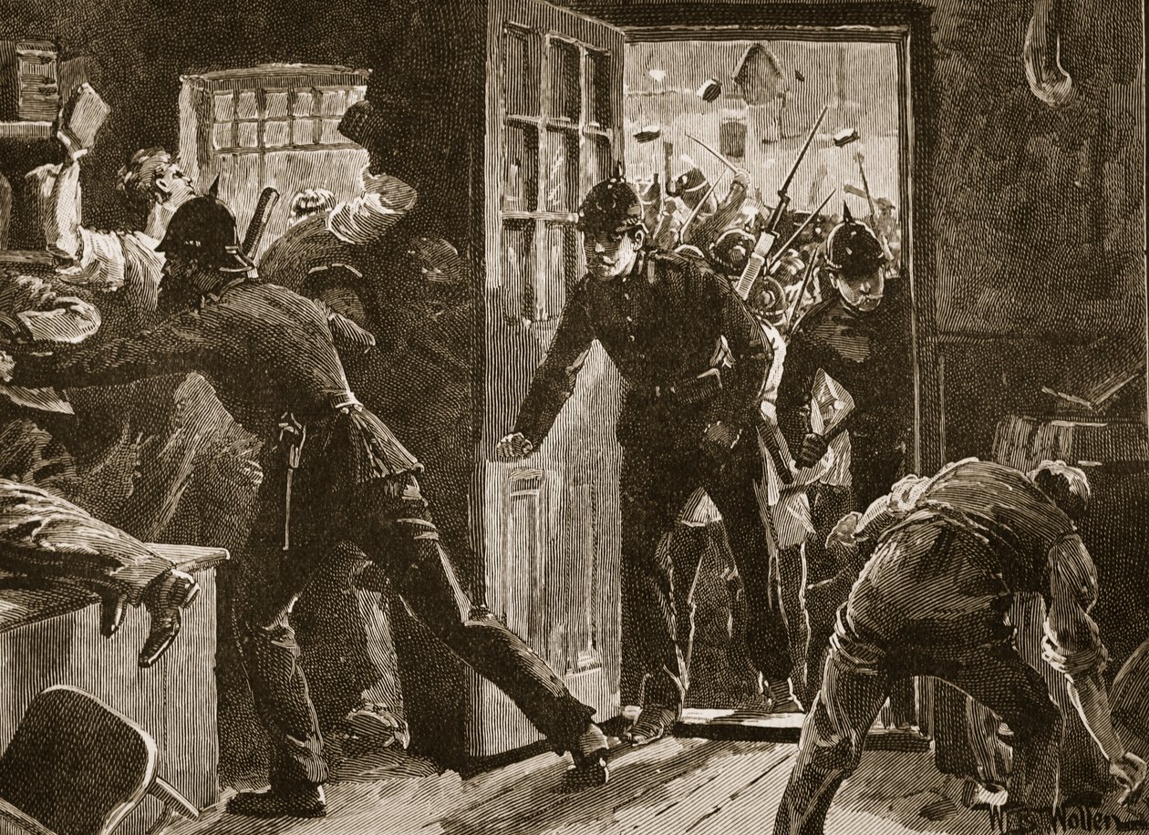 Kamp i Ennis mellem National Leaguers og politiet, 1886, illustration fra "Cassell