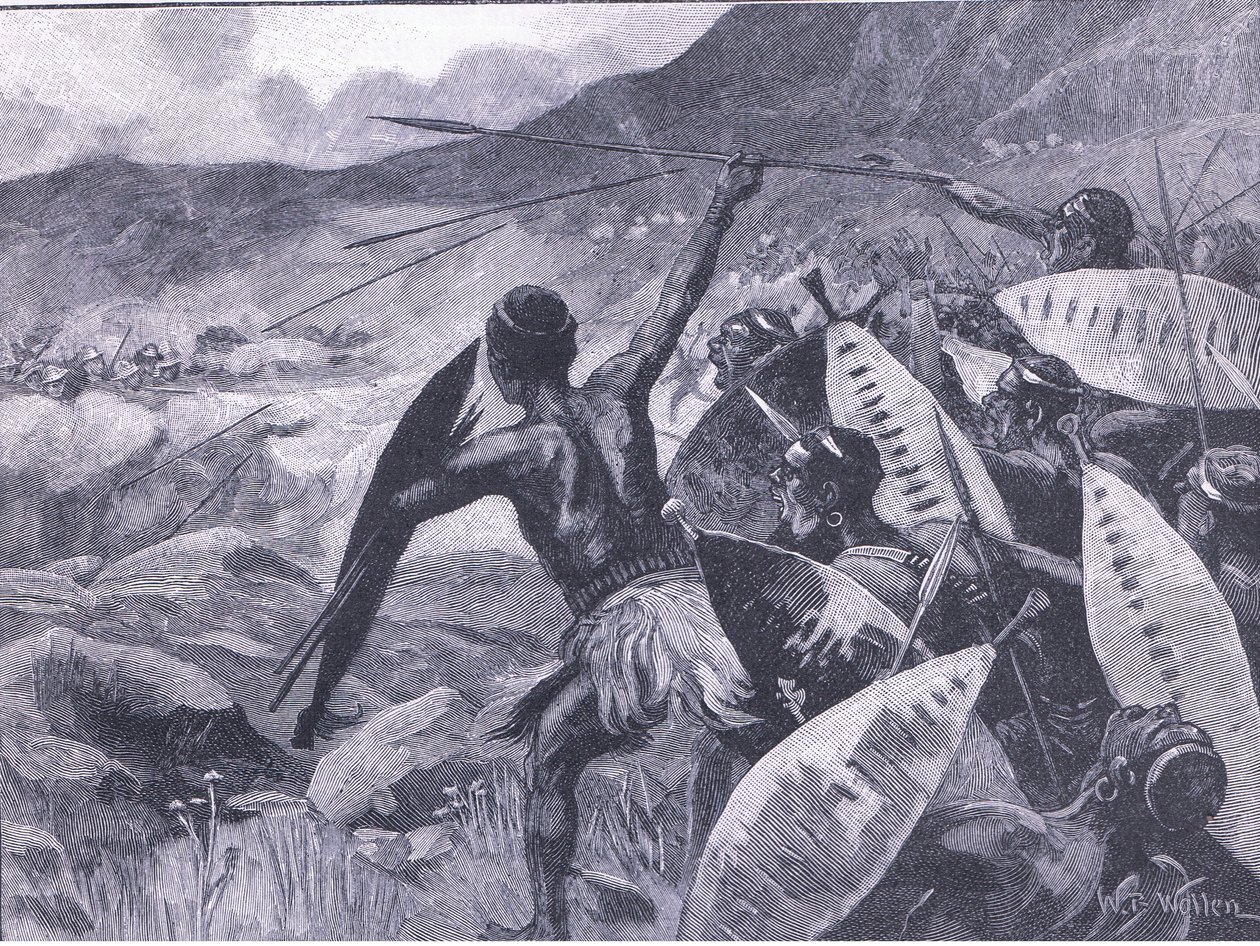 Kamp i Matopos-bakkerne: anklage over Matabele, illustration fra Cassells History of England, 1900-tallet af William Barnes Wollen