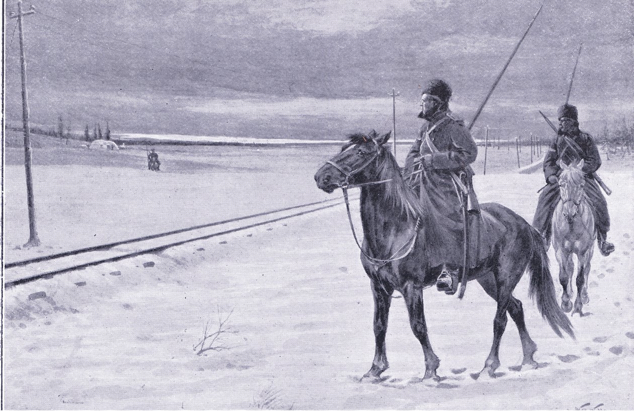 Bevogtning af jernbanen nær Mukden, illustration fra Cassells History of the Russo-Japanese War Vol 1, ca. 1900 af William Barnes Wollen