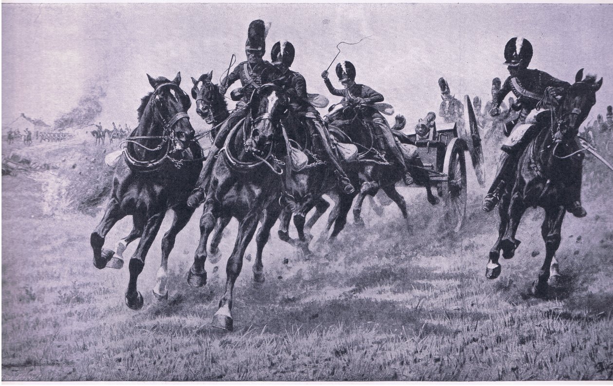 Kanoner til fronten: Waterloo 18. juni 1815, illustration fra British Battles on Land and Sea, 1915 af William Barnes Wollen