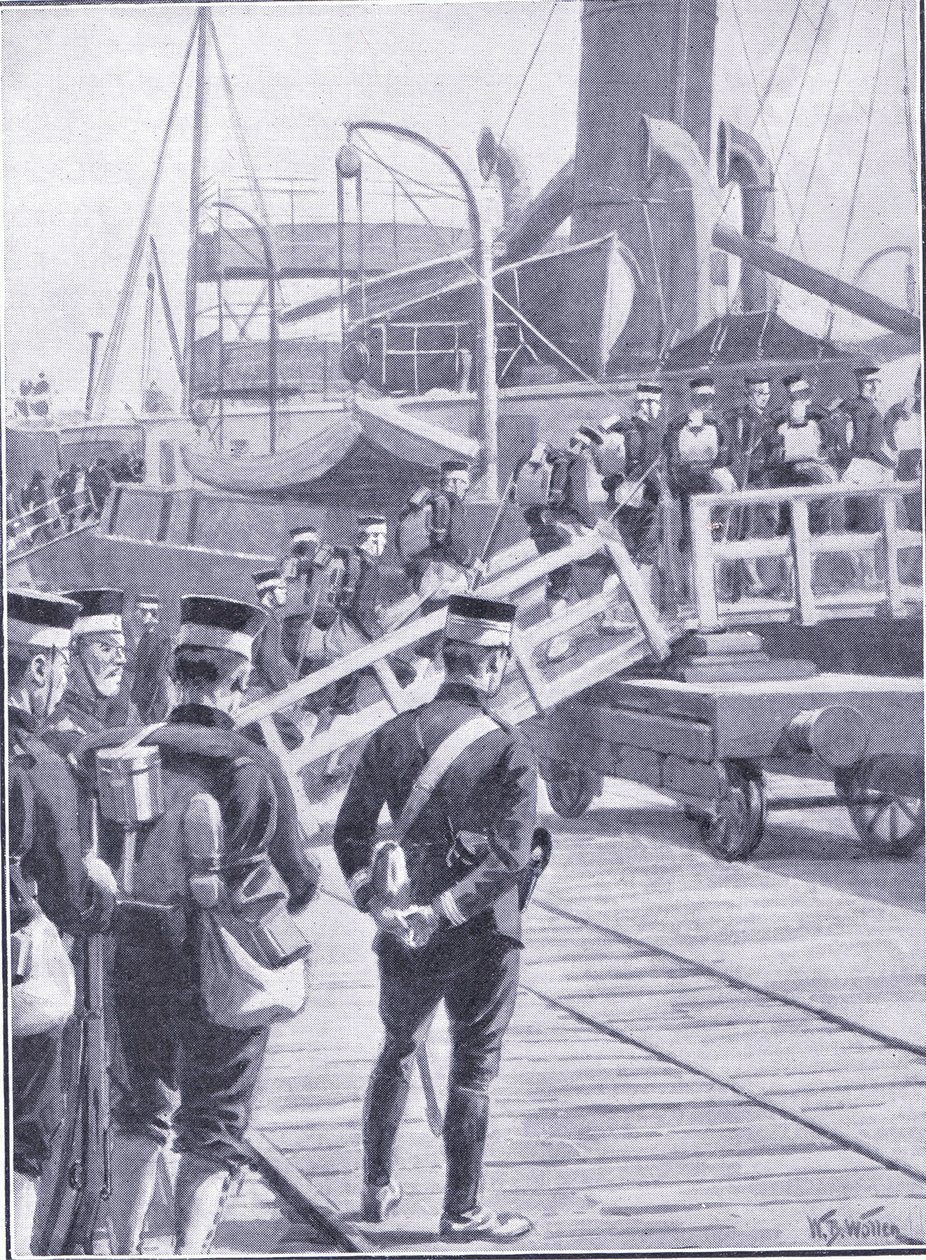 Japanske tropper går om bord i Kobe, illustration fra Cassells History of the Russo-Japanese War Vol 1, ca. 1900 af William Barnes Wollen