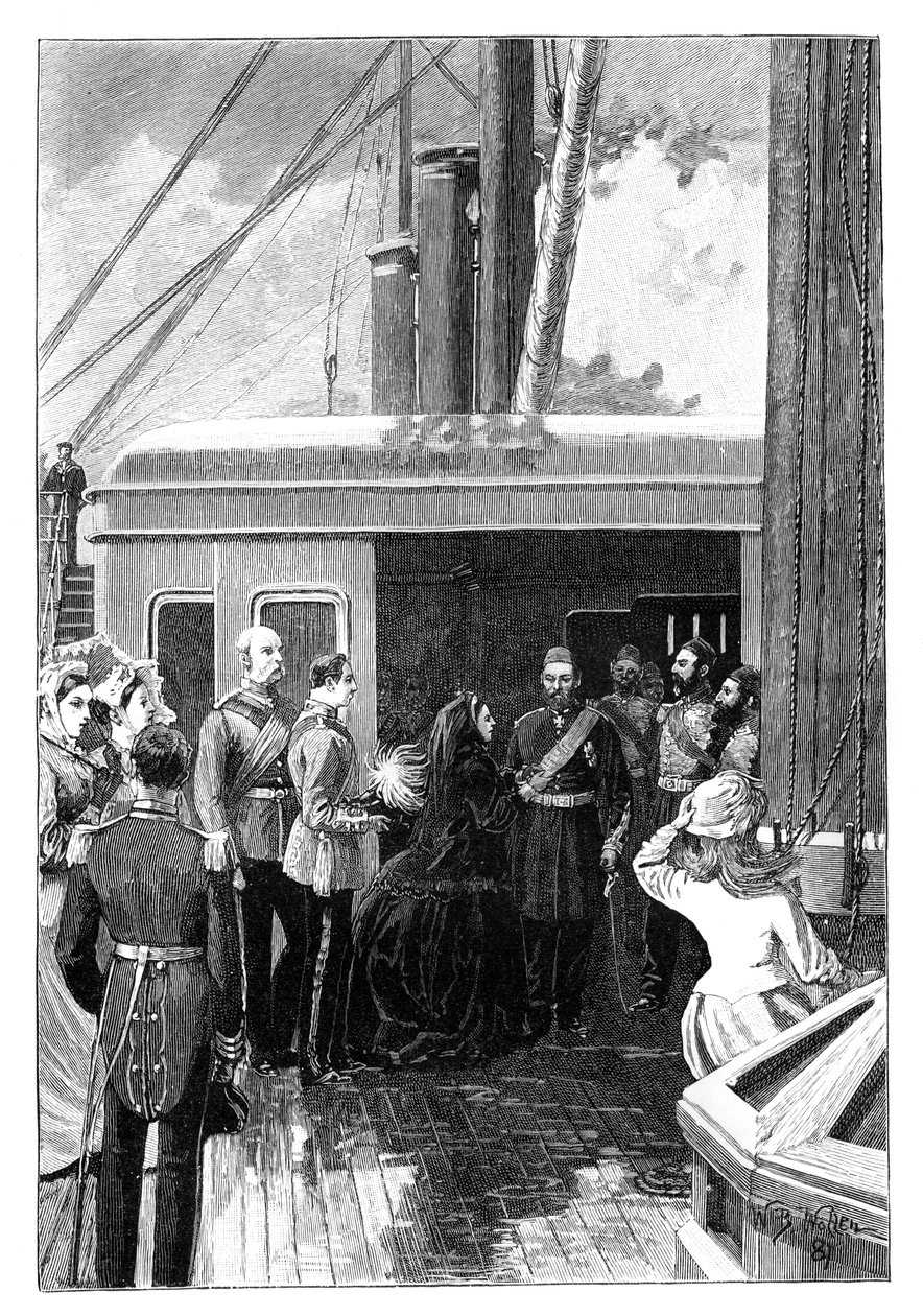 Dronning Victoria investerer Abdul Aziz, sultan af Tyrkiet, med strømpebåndets orden, 1867 af William Barnes Wollen