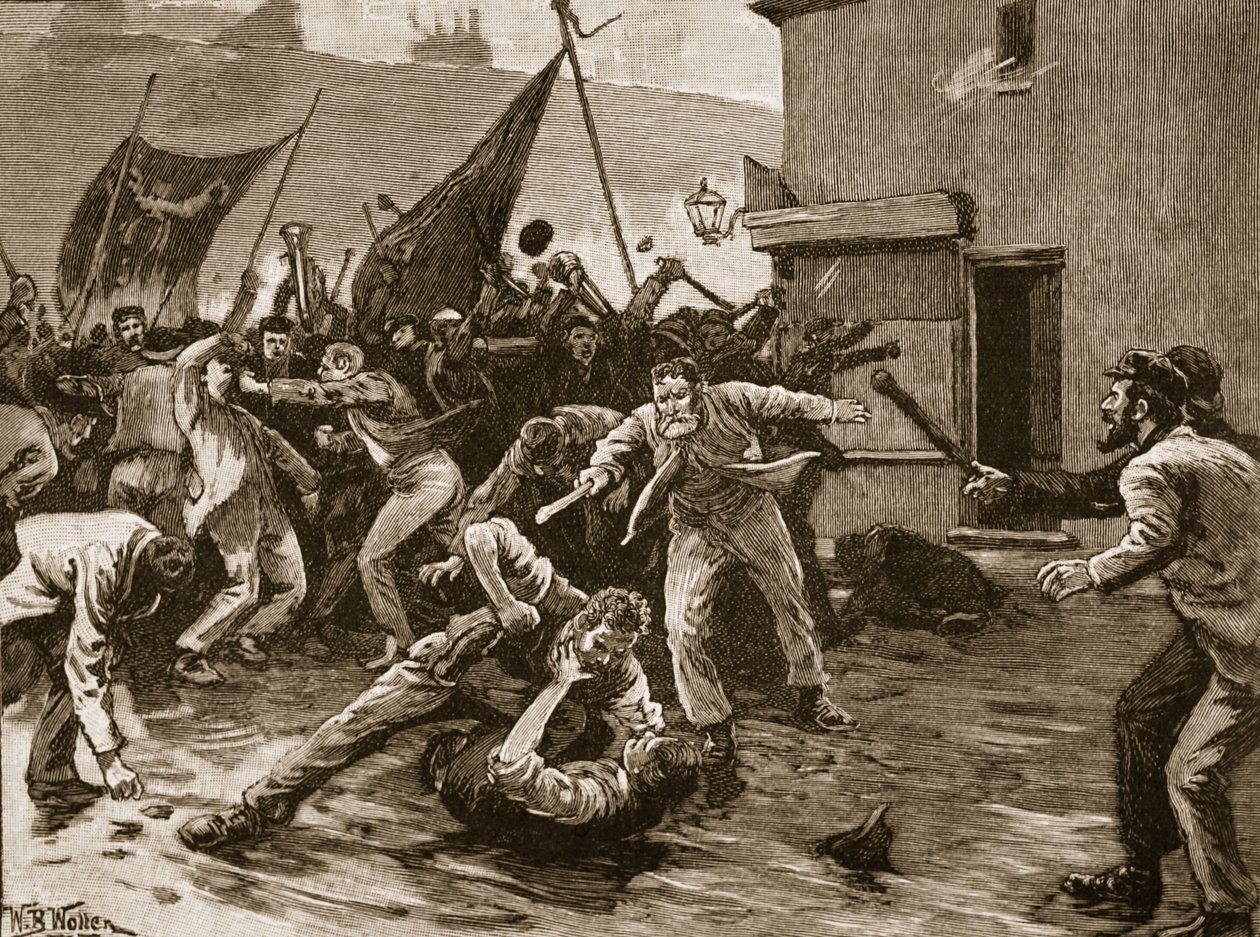 Rioting in Belfast, 1886, illustration fra 