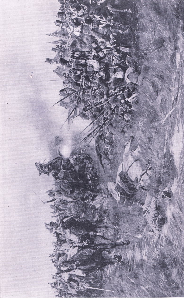 28th ist Gloucester Regiment modtager fransk kavaleri ved Waterloo den 18. juni 1815, illustration fra British Battles on Land and Sea , 1915 af William Barnes Wollen