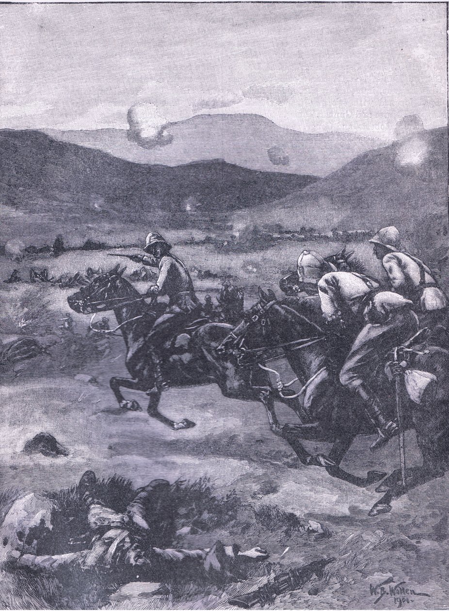 Slaget ved Colenso: Løjtnant Roberts galopperer for at hente katastrofen til våben., illustration fra Cassells History of England, 1900