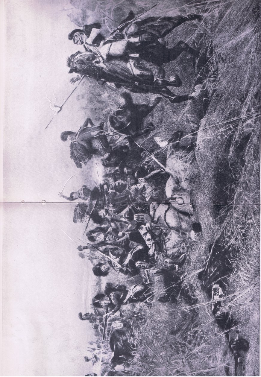 The Black Watch at the Battle of Quatre Bras 16. juni 1815, illustration fra British Battles on Land and Sea, 1915 af William Barnes Wollen
