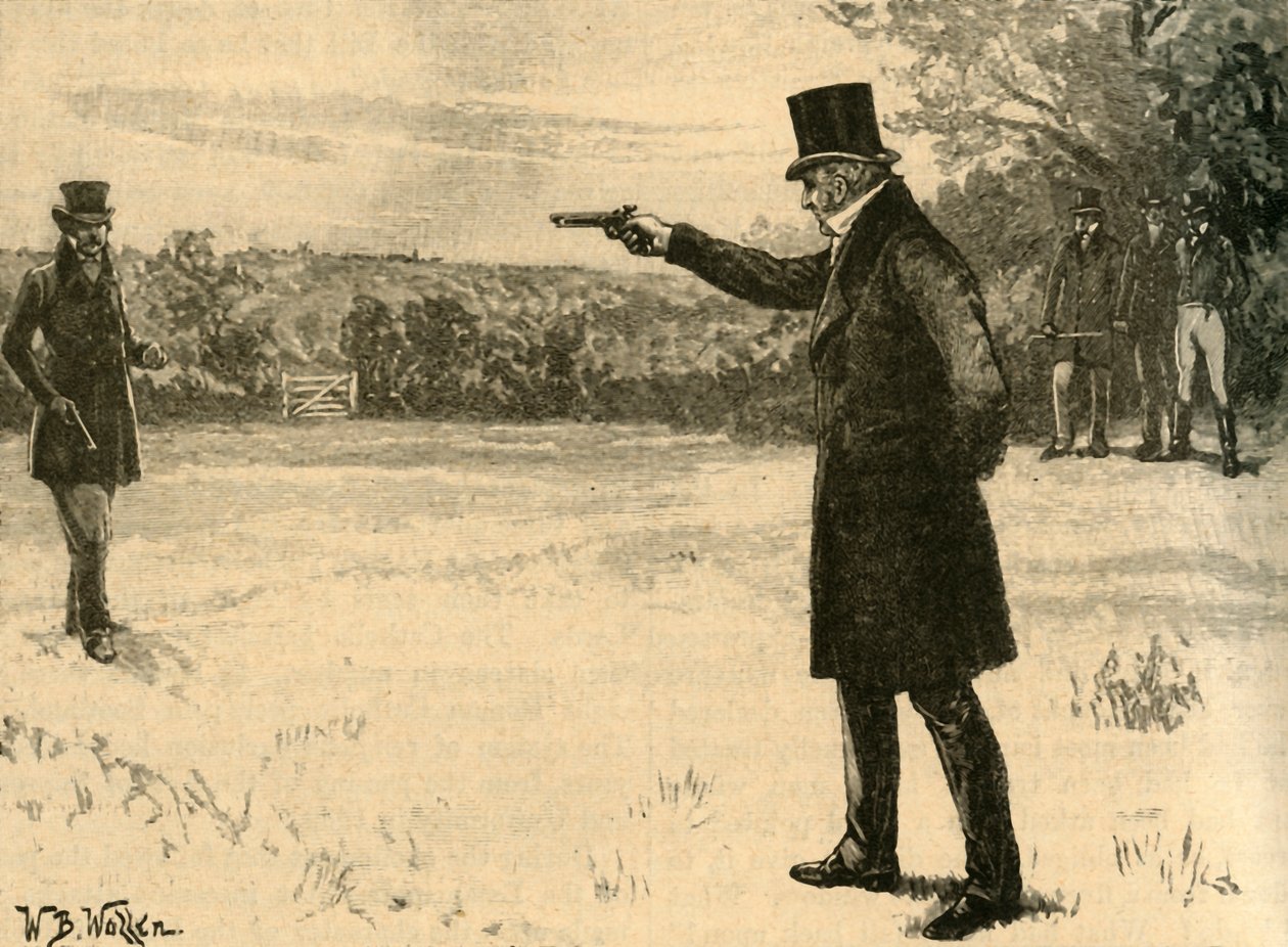 Hertugen af Wellingtons duel med jarlen af Winchilsea, Battersea Fields, London, 1829 c1890. af William Barnes Wollen