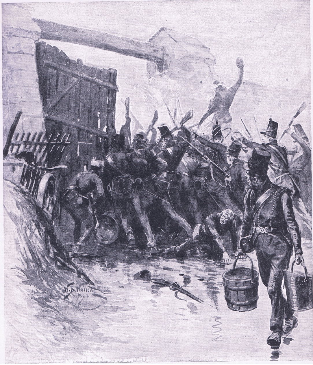 Angrebet på La Haye Sainte, illustration fra British Battles on Land and Sea, 1915 af William Barnes Wollen