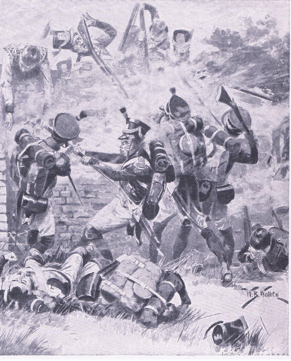 Angrebet på muren ved Hougomont: Waterloo 1815, illustration fra British Battles on Land and Sea, 1915 af William Barnes Wollen