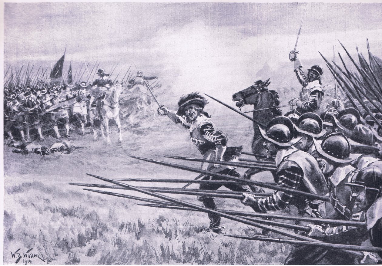 Angrebet af det royalistiske infanteri ved Naseby, juni 1645, illustration fra britiske slag på land og hav, 1915 af William Barnes Wollen