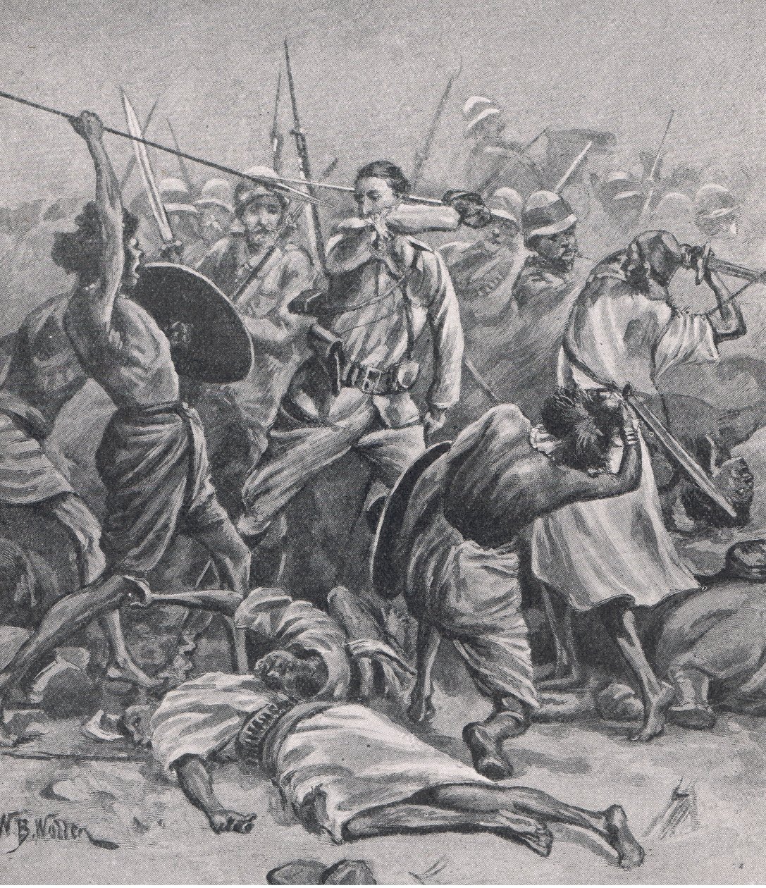 Pladsen ved Abu-Klea, 17. januar 1885, illustration fra britiske slag på land og hav, 1915 af William Barnes Wollen