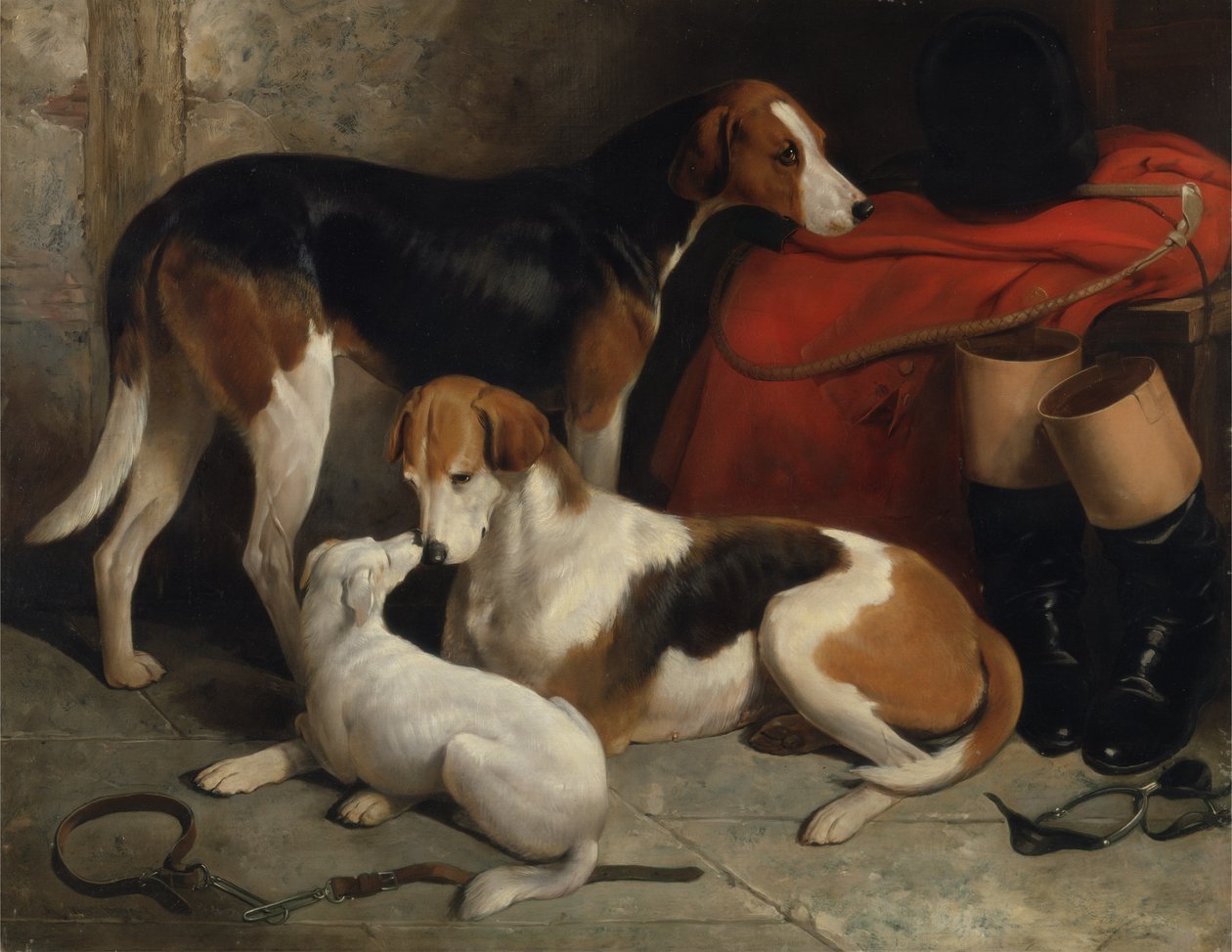 Et par af Lord Henry Bentincks Foxhounds med en terrier, ca. 1845 (olie på lærred) af William Barraud