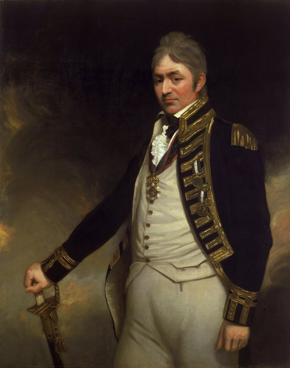 Portræt af kontreadmiral Sir Thomas Troubridge (ca. 1758-1807), der bærer Saint Vincent- og Nilmedaljerne (i forbindelse med slaget ved Aboukir, Egypten). af William Beechey
