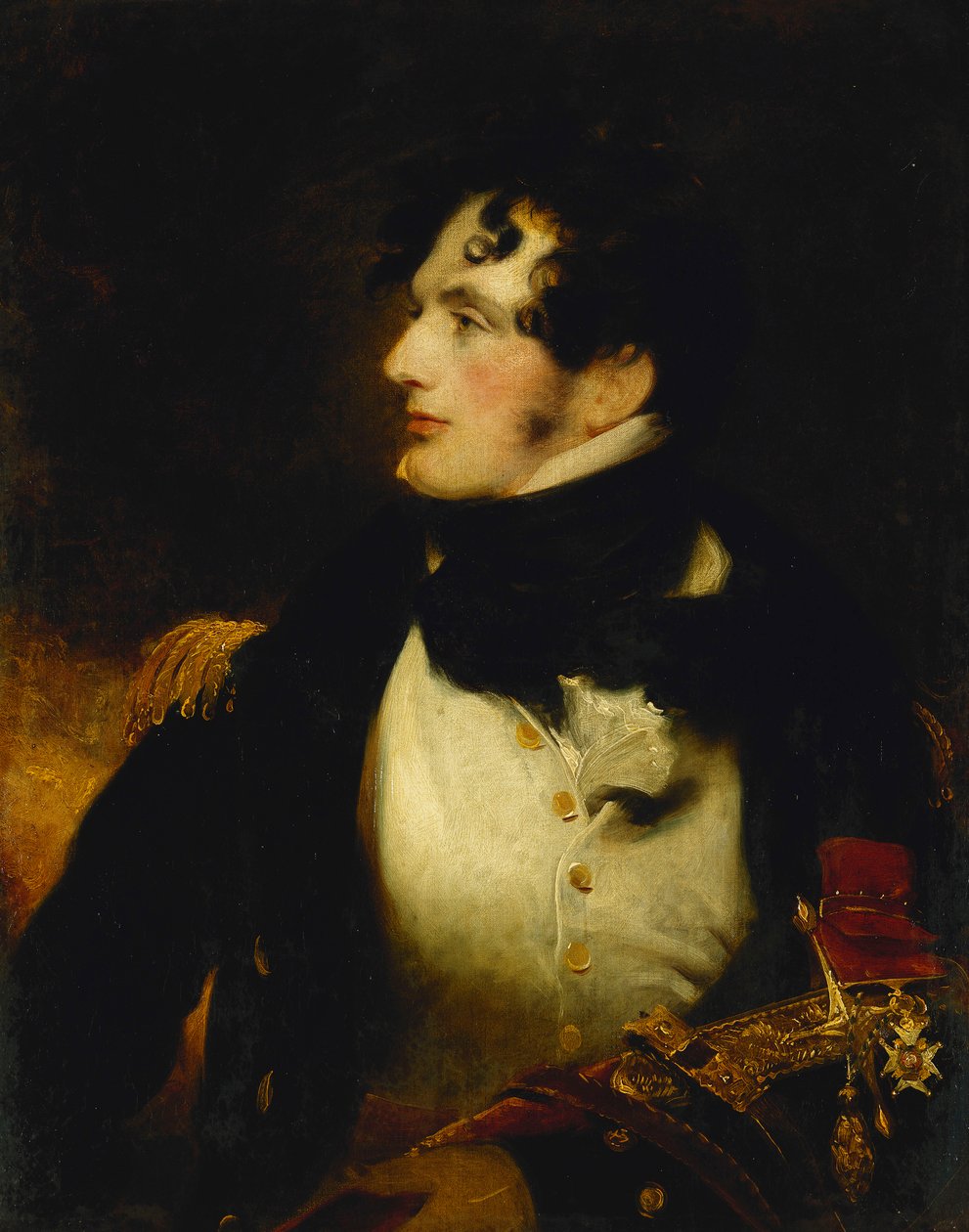 Portræt af en søofficer, halvlængde, i uniform, som bærer et præsentationssværd og bærer et C.B.-mærke, af William Beechey