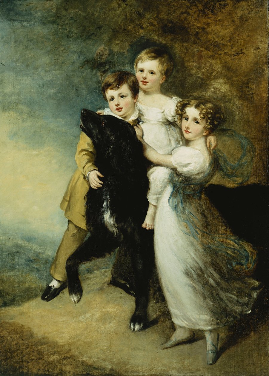 Tre børn med en hund i et landskab, af William Beechey