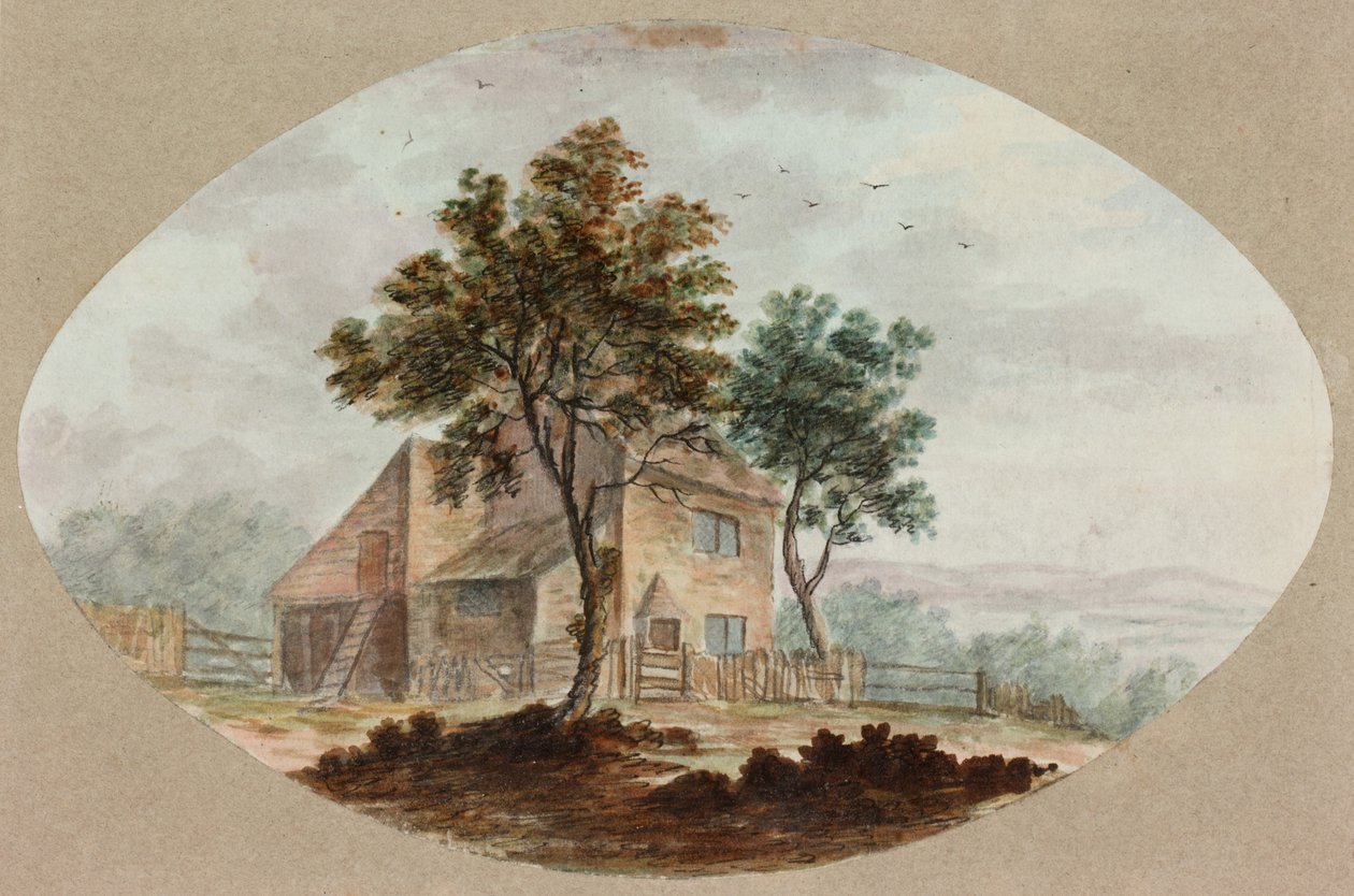 Hus på landet (blyant og akvarel på papir) af William Beilby