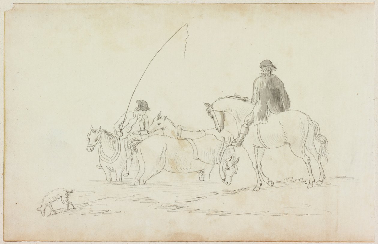 To mænd til hest med to heste og hund (blyant og akvarel (vask) på papir (på papir med M751)) af William Beilby