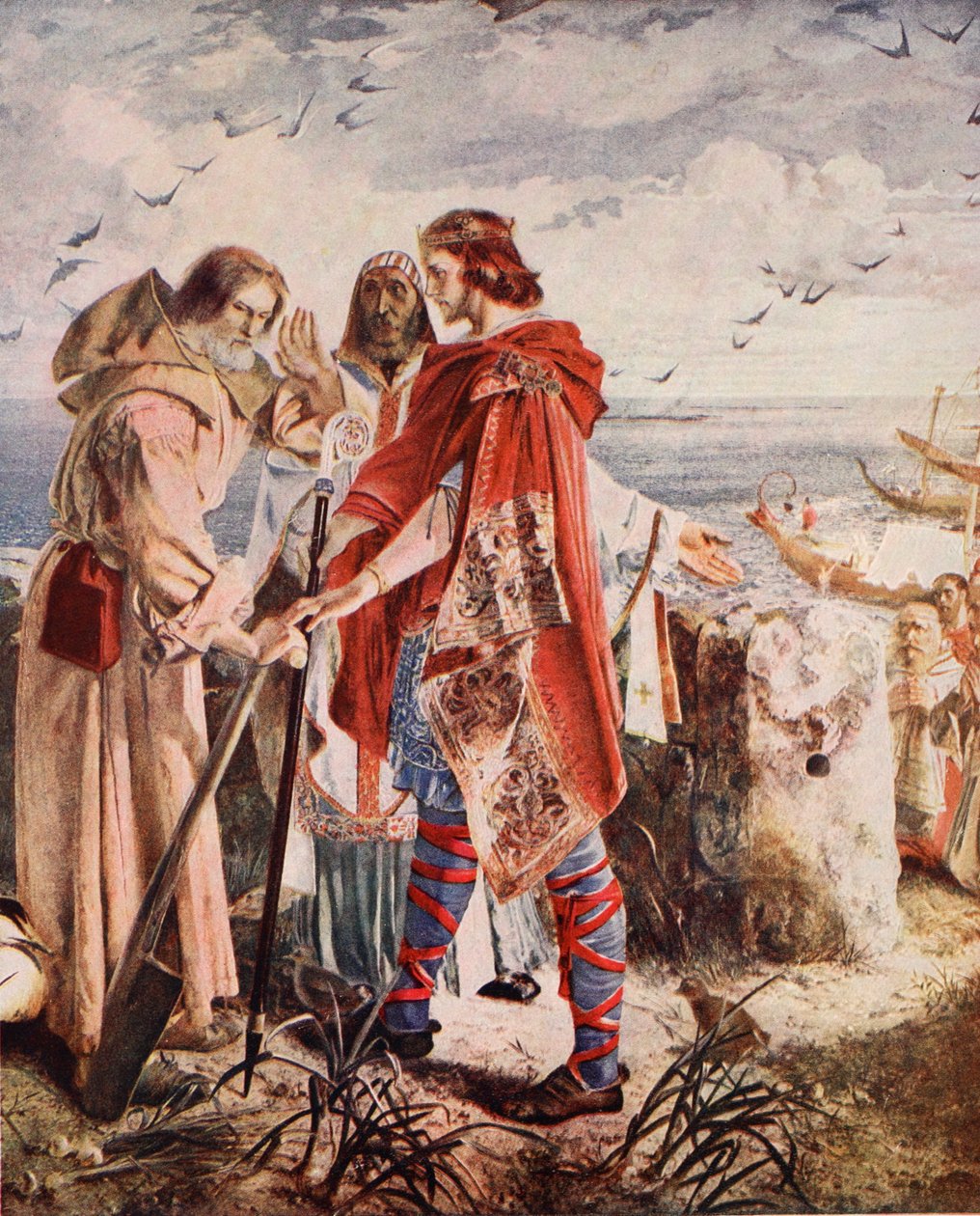 Egfrith tilbyder bispedømmet i Hexham til Cuthbert, 678, illustration fra 