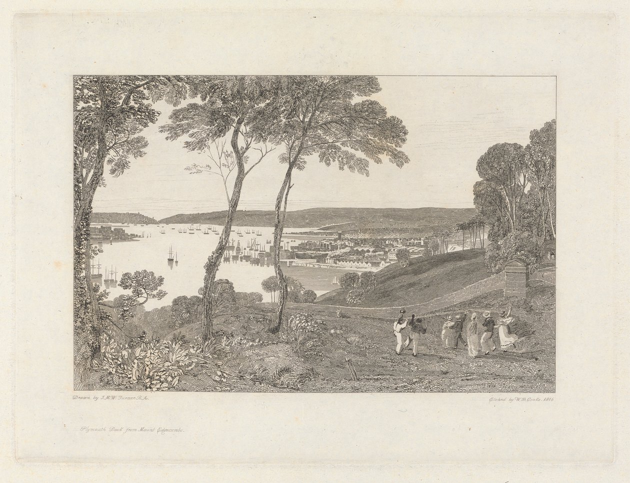 Plymouth Dock fra Mount Edgecumbe af William Bernard Cooke