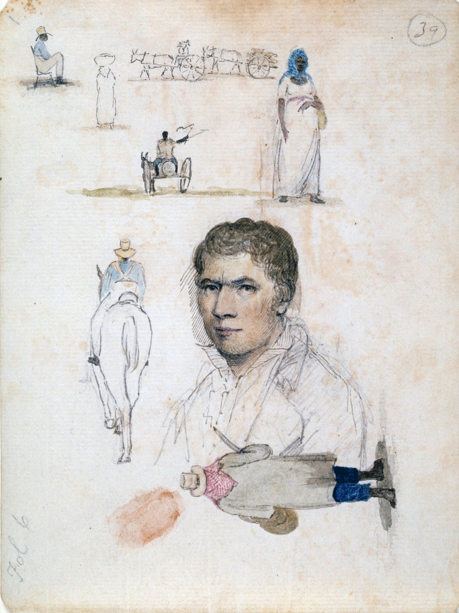 Otte små tegninger, inklusive portræt, figurstudier, vogne, af kunstneren William Berryman. af William Berryman