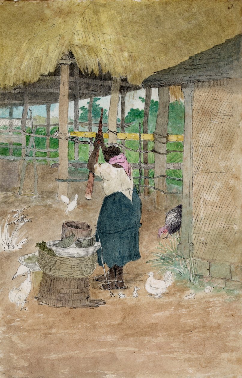 Kvinde, der slår kassava, Jamaica af William Berryman, aktiv på Jamaica i perioden 1808-1816. af William Berryman