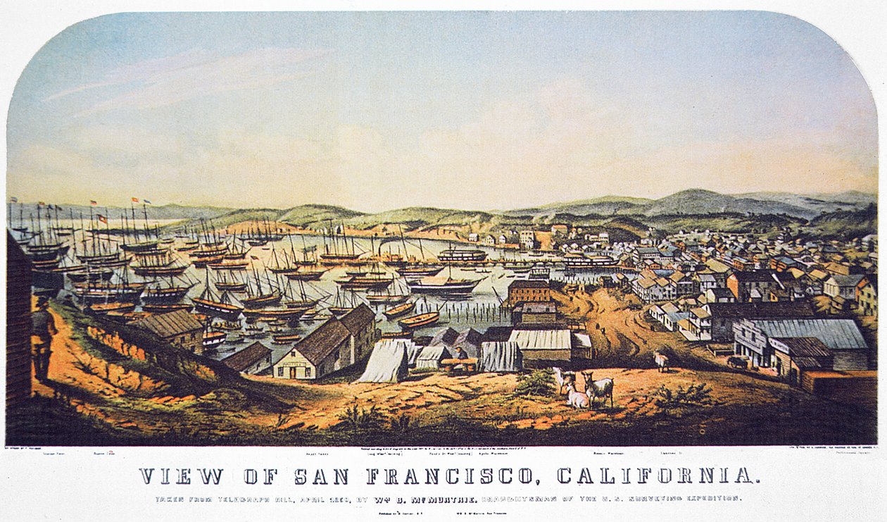 Udsigt over San Francisco, Californien, fra Telegraph Hill, april 1850 (farve litho) af William Birch McMurtrie