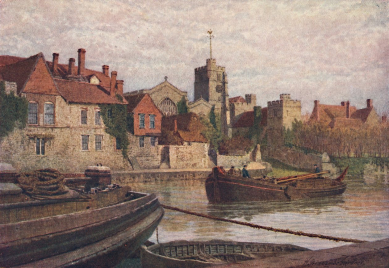 Maidstone. Bagsiden af det gamle palads, Kirken og Old College fra den anden side af Medway, c1900 af William Biscombe Gardner