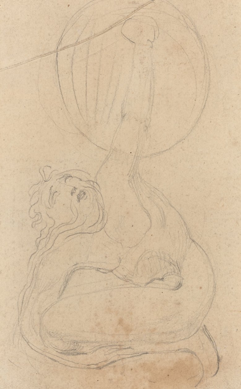 En krumbøjet figur, der holder et skjold [verso] af William Blake