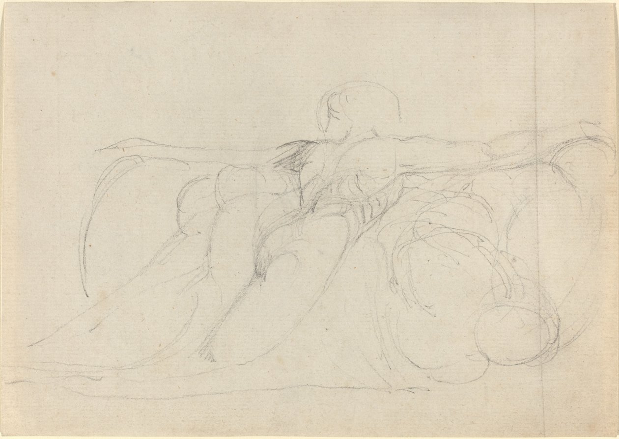 En mand set bagfra, rejser sig på skyer af William Blake