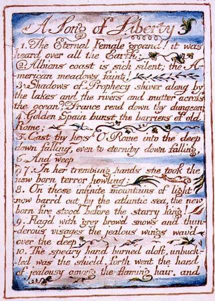 A Song of Liberty, tekst fra "The Marriage of Heaven and Hell", ca. 1790-3 (reliefradering afsluttet med pen og akvarel) af William Blake
