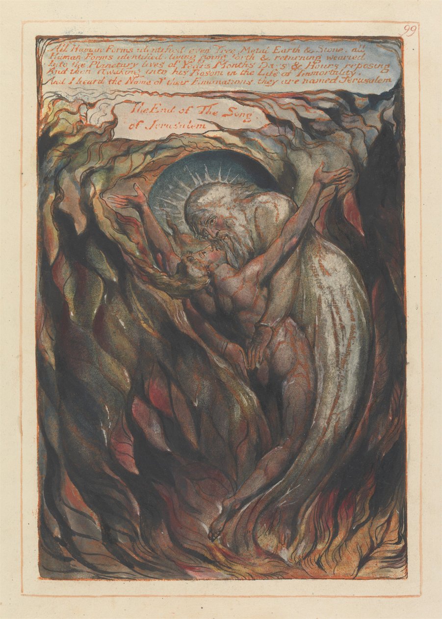 «Alle menneskelige former identificeret... Slutningen på Jerusalems sang» kolofon (tavle 99) af William Blake