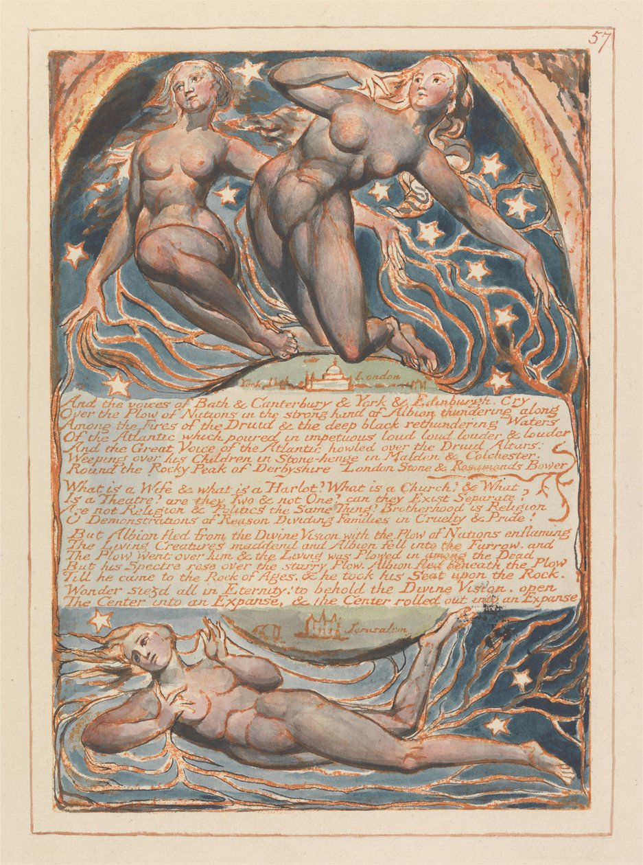 "Og stemmerne fra Bath, Canterbury, York og Edinburgh råber..." (Tavle 57) af William Blake