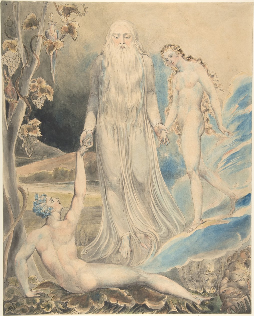 Englen fra den guddommelige nærvær bringer Eva til Adam (Skabelsen af Eva: »Og hun skal kaldes kvinde«) (forsiden); Skitse til samme motiv (bagsiden) af William Blake