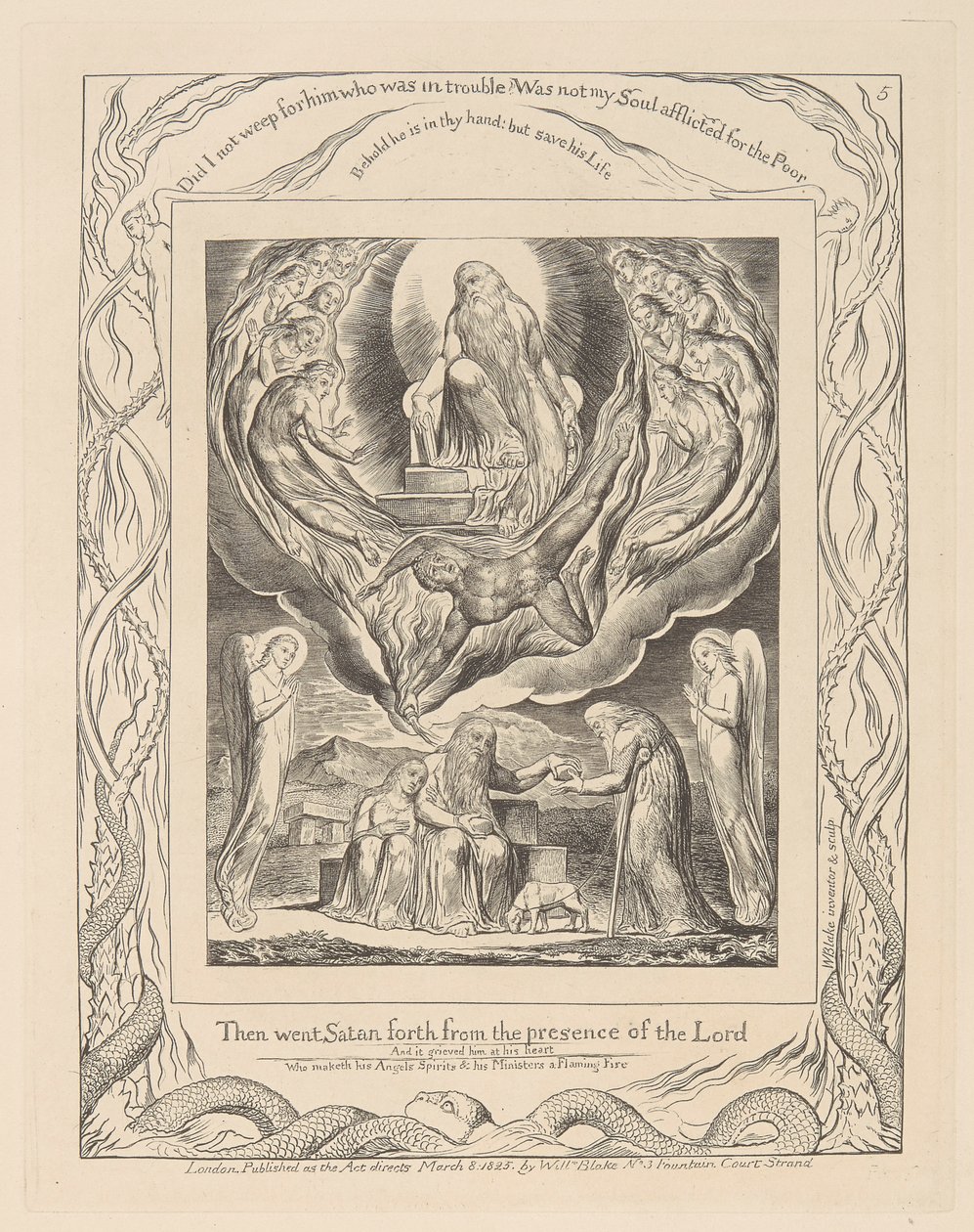Jobs Bog, Plade 5, Satan går ud fra Herrens nærhed og Jobs næstekærlighed af William Blake