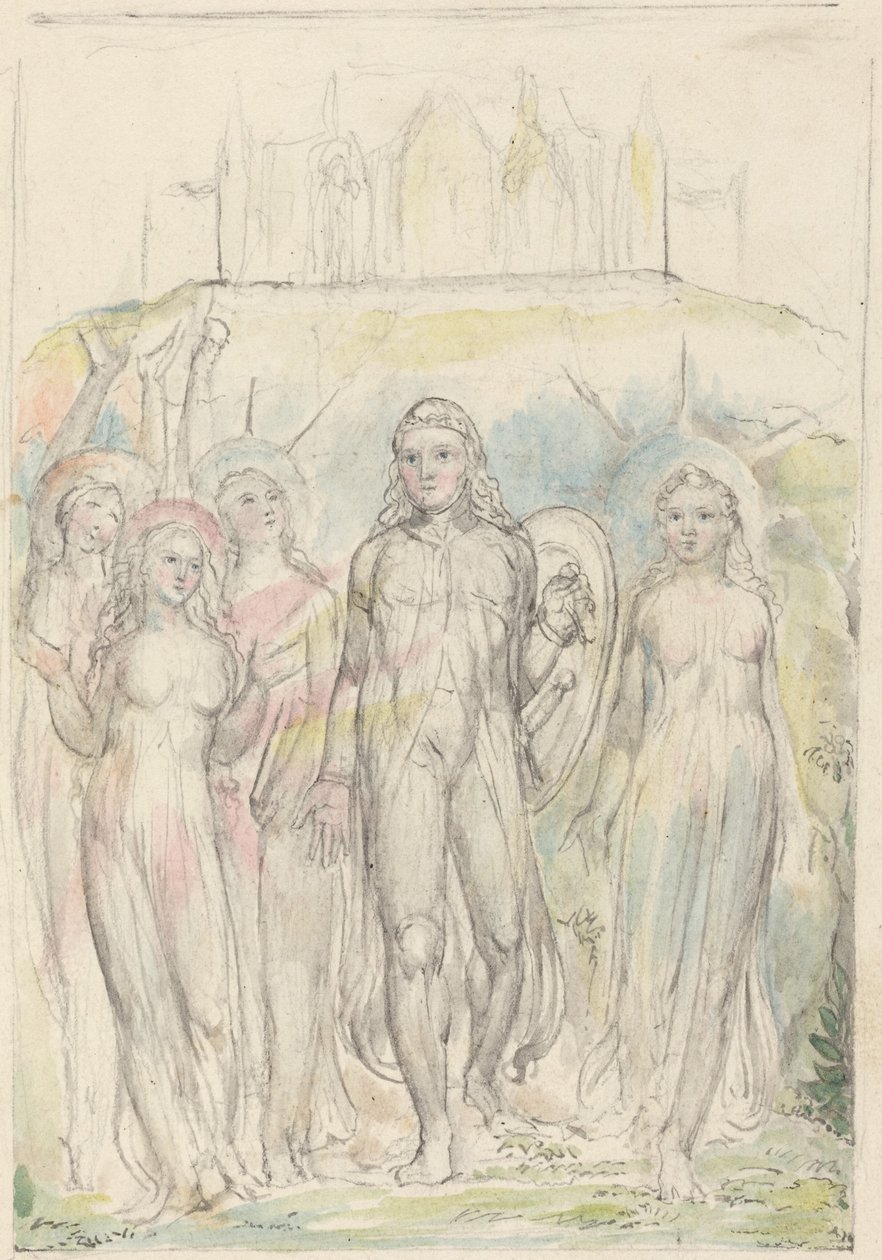 Christian med troens skjold, der tager afsked med sine ledsagere af William Blake