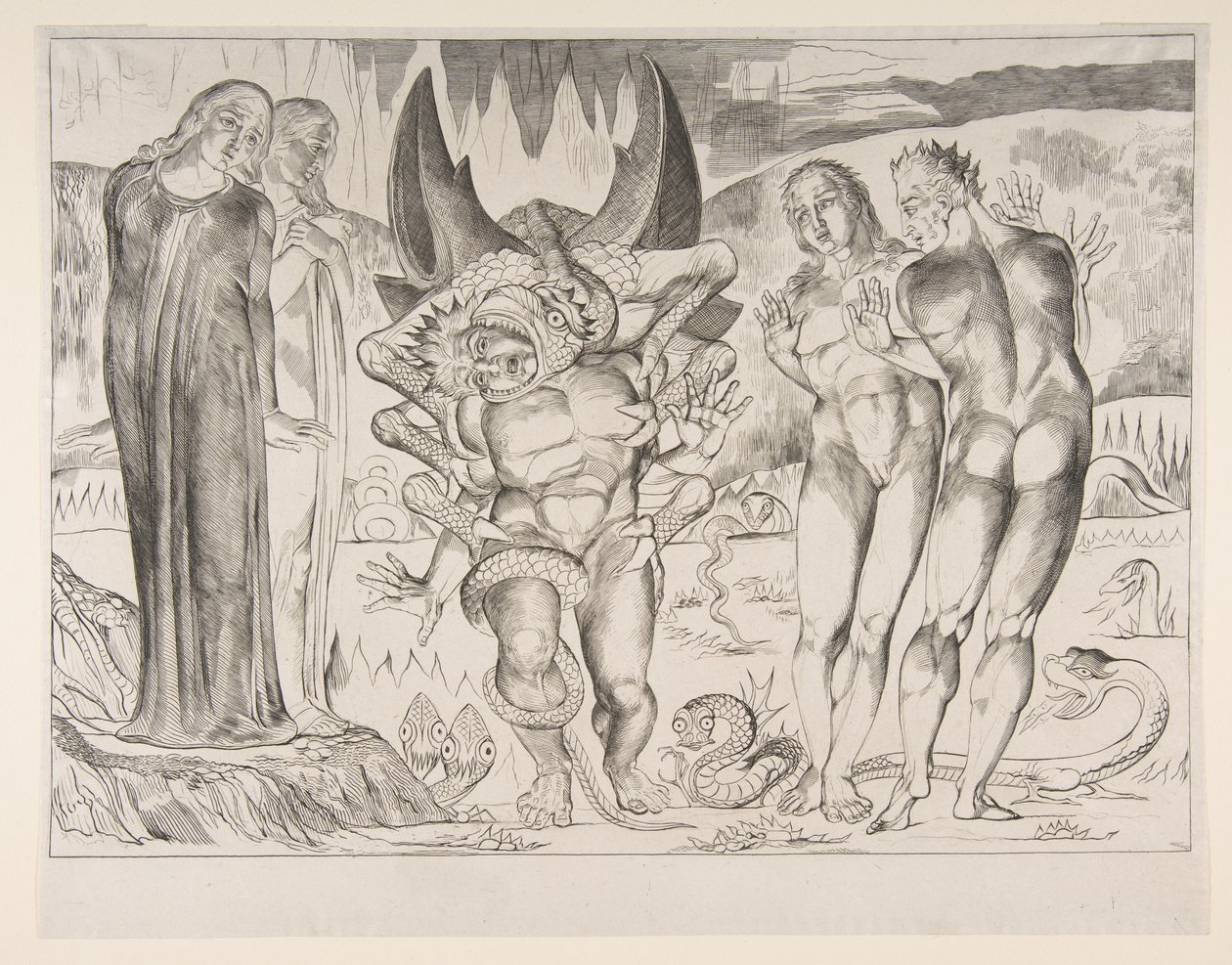 Circle of Thieves: Agnello Brunelleschi angrebet af en seksfodet slange, fra Dan..., ca. 1825-27. af William Blake