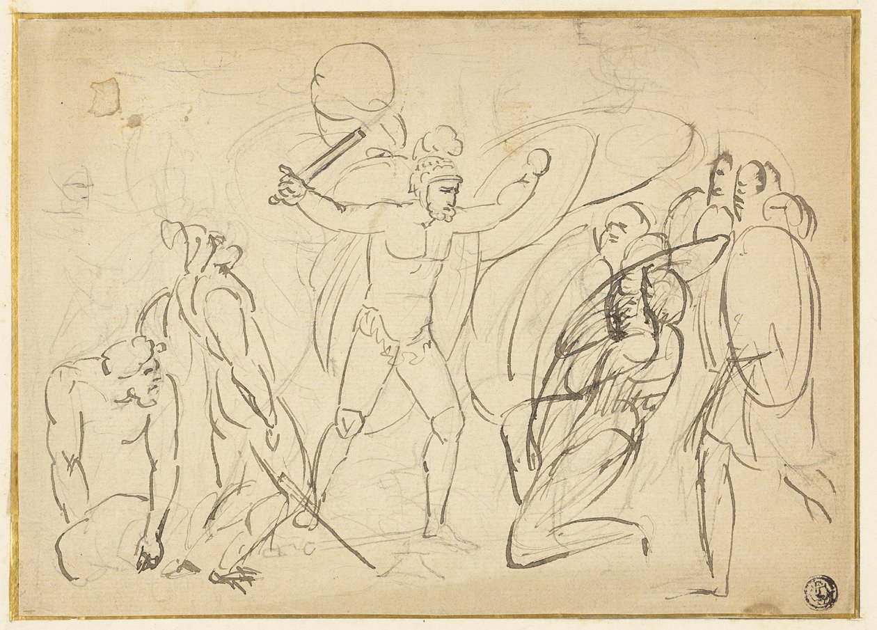 Klassisk kamp (rekto); Skitse af mandlig nøgen (verso) af William Blake