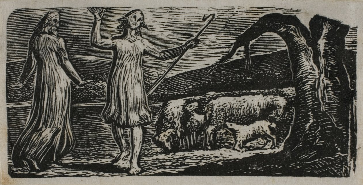 Colinet Departs in Sorrow: Riven Trunk til højre, fra The Pastorals of Virgil af William Blake