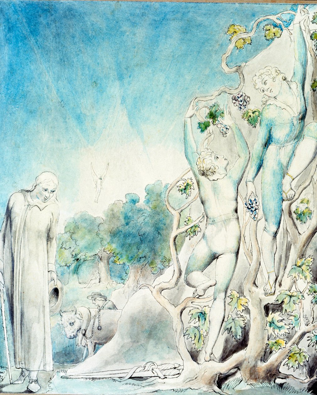 Comus møder en af brødrene, der har travlt med at plukke frugt for at fodre Lady. 1800-tallet (akvarel) af William Blake