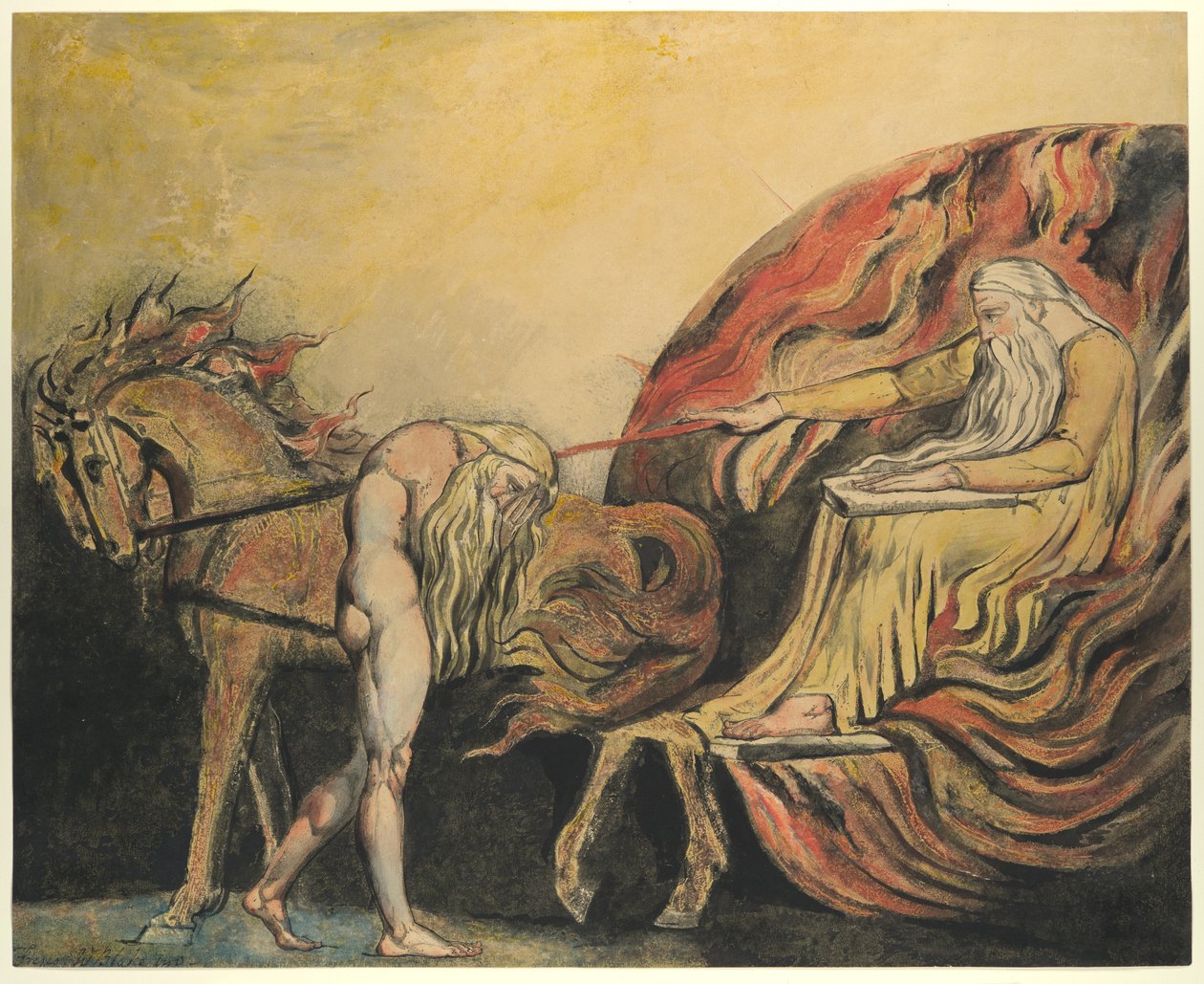 God Judging Adam, ca. 1795 (farvet radering med pen, blæk og akvarel) af William Blake