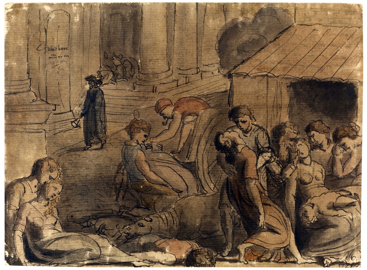 Great Plague of London af William Blake (1757-1827), ca. 1779 - Akvarel, hvid farve, sort kridt på papir af William Blake