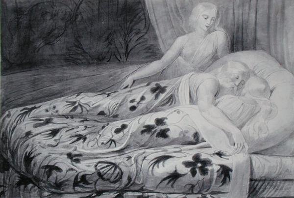 Har og Heva sover med Mnetha, der vogter dem, illustration fra 